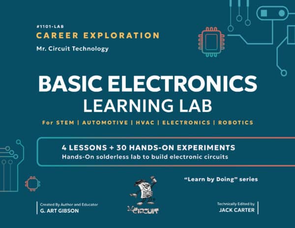 <b>Mr Circuit Lab 1 </b> (#1101-LAB)<br><font color="#ff0000"><b> Building Basic Electronic Circuits for STEM & Tech students.</b> </font>    Problem solving and Critical Thinking. Safe, easy to understand, hands-on, skill-based, student-directed, with cloud-based multimedia.